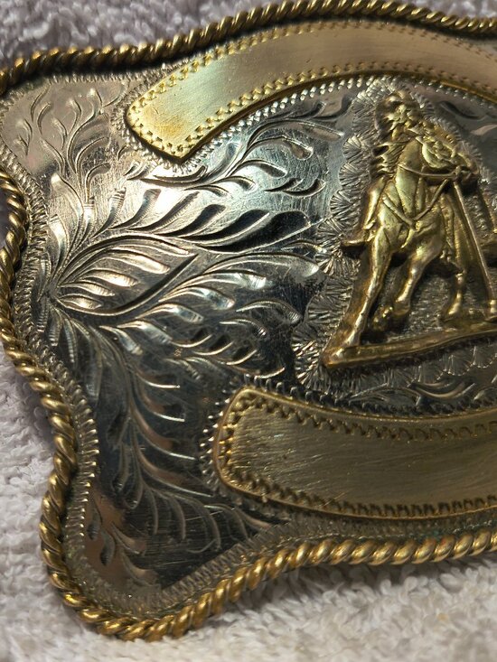 Women Pole Racing Belt Buckle ADM Gold Banners Silver Engraved Great VIntage